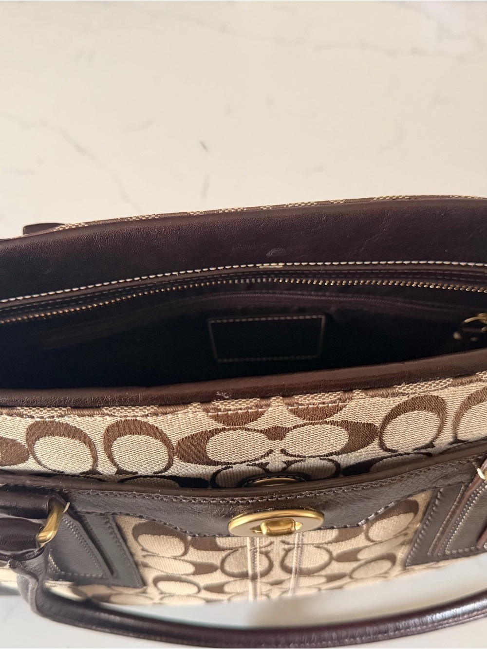 Coach Brown Signature Canvas Tote with Dark Brown Leather Trim and Gold Hardware - Picture 3 of 3